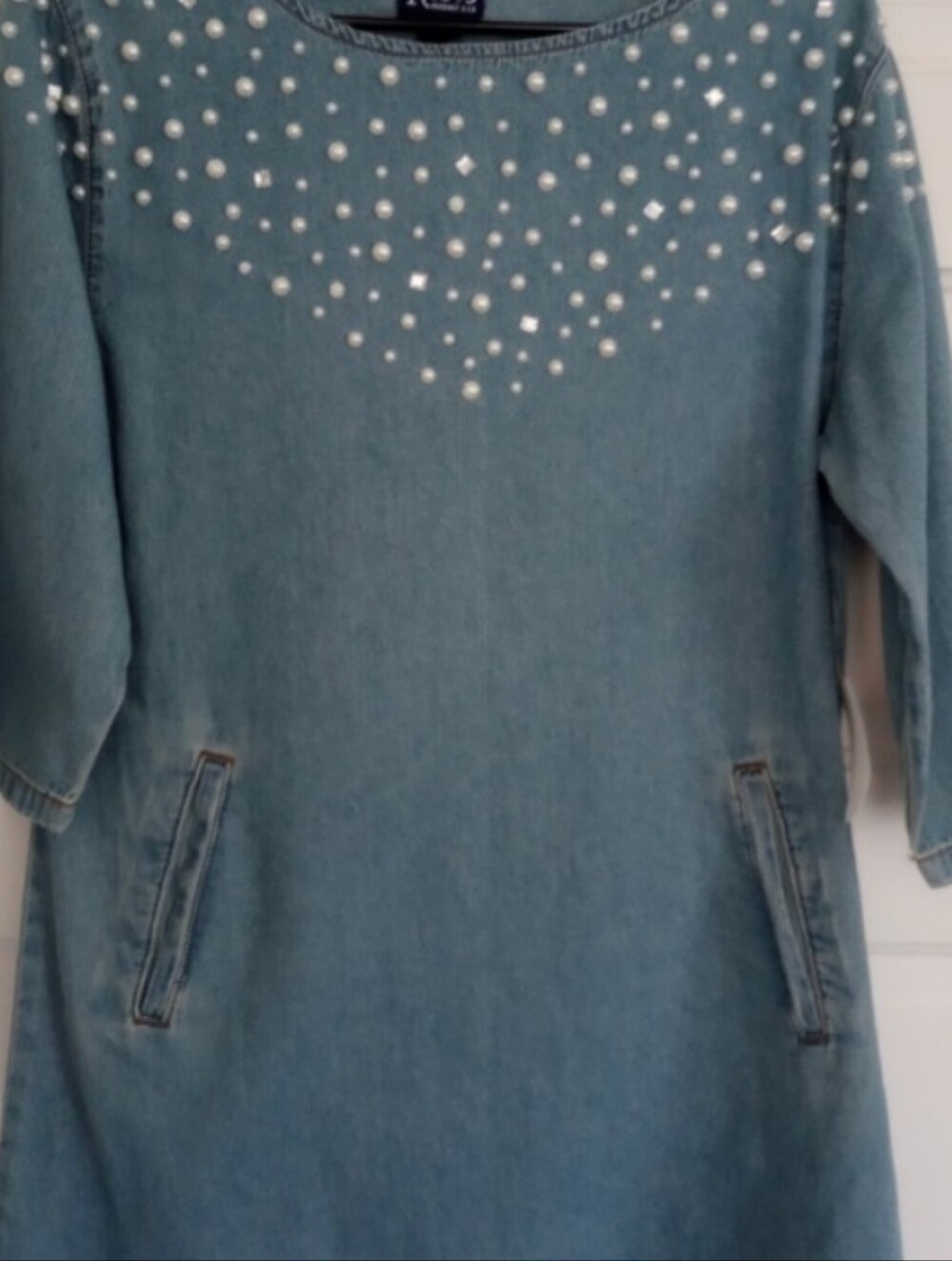 Roebuck & Co. Vintage Denim Dress with Pearl Accents